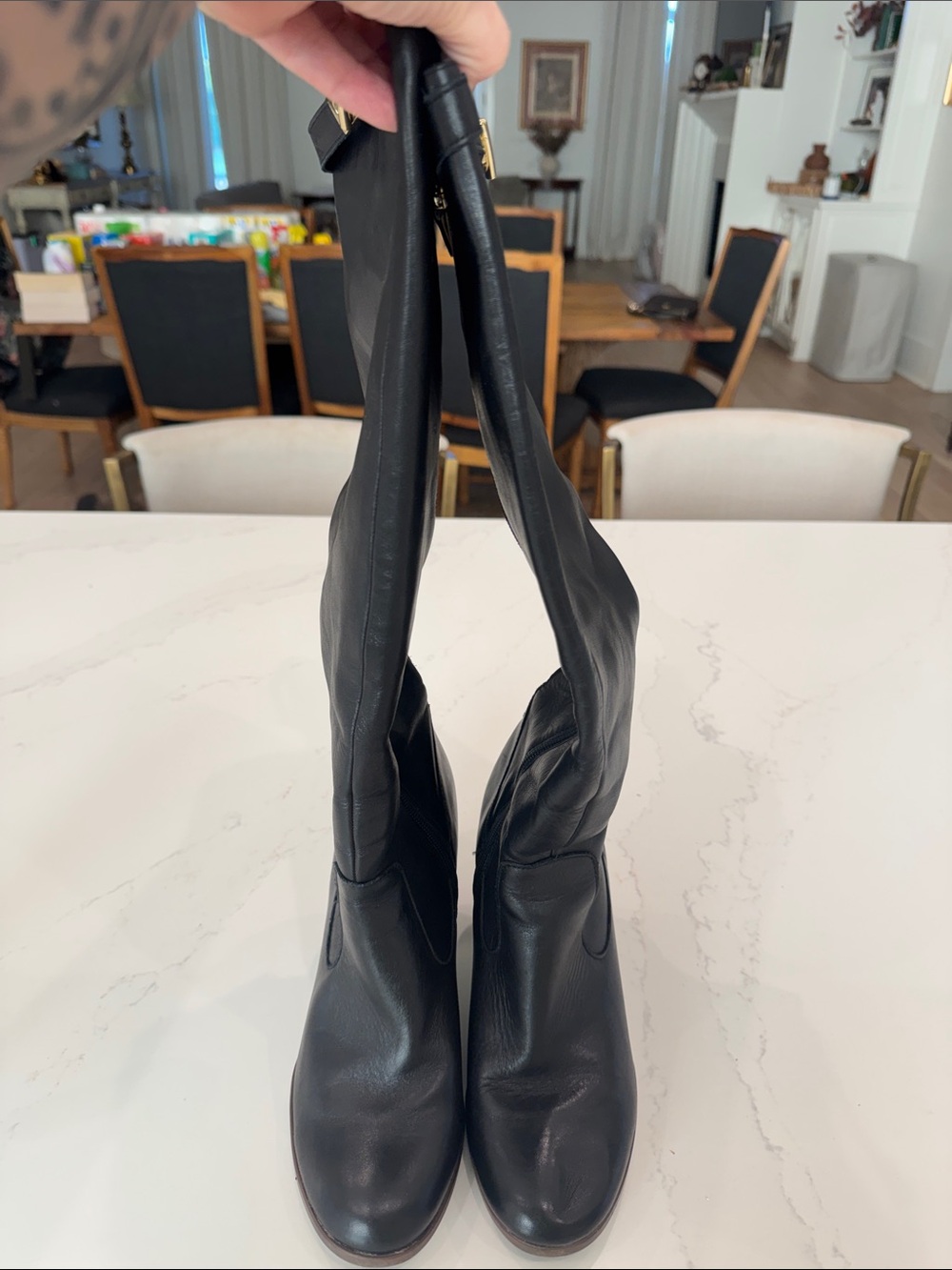 Tommy Hilfiger Black Leather Knee-High Heeled Boots with Gold Accent - Picture 7 of 7